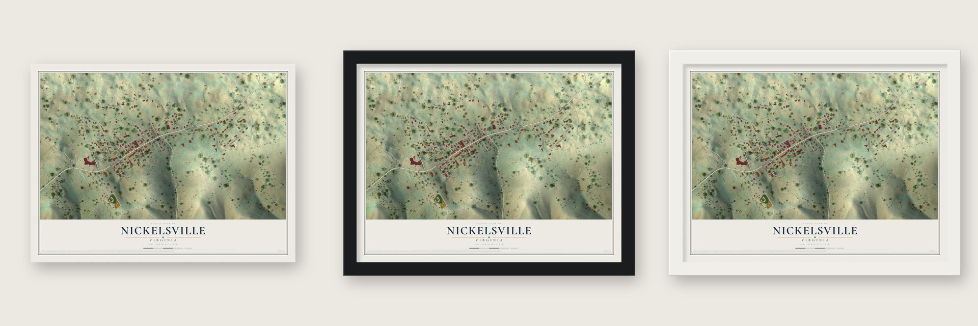 Nickelsville, Virginia map unframed, in a black wood frame and in a white wood frame