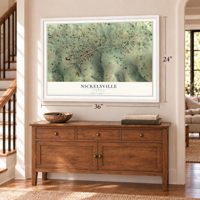 Nickelsville, Virginia map, 24 x 36 inch print in a white frame above a dresser by a staircase