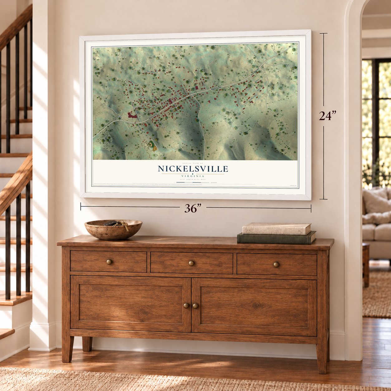 Nickelsville, Virginia map, 24 x 36 inch print in a white frame above a dresser by a staircase