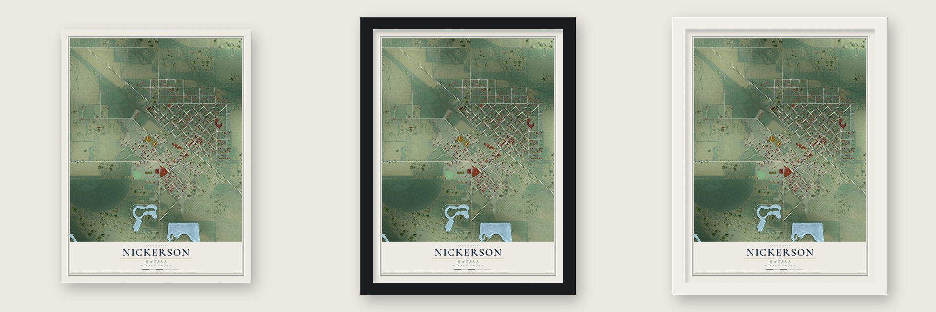 Nickerson, Kansas map unframed, in a black wood frame and in a white wood frame