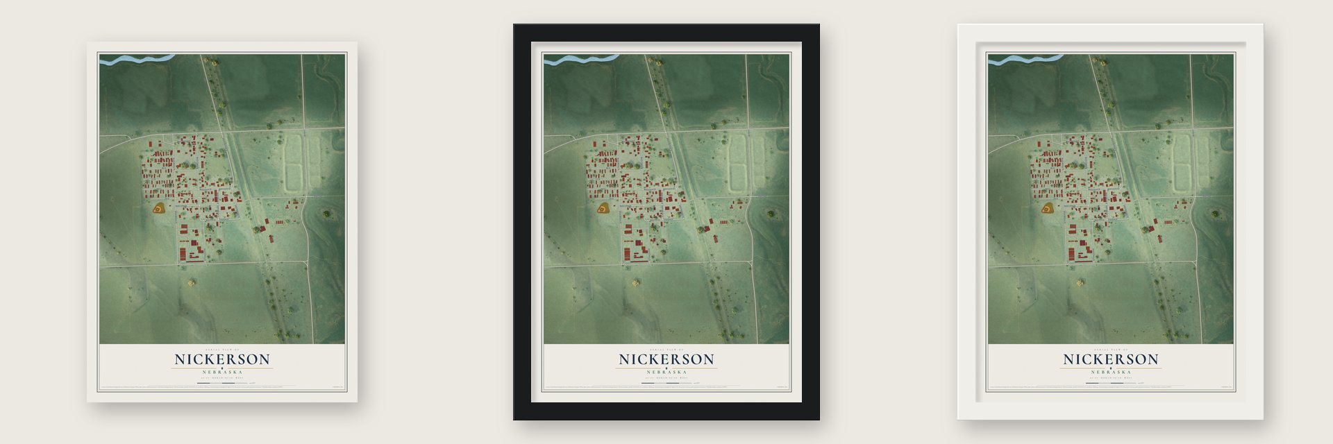 Nickerson, Nebraska map unframed, in a black wood frame and in a white wood frame