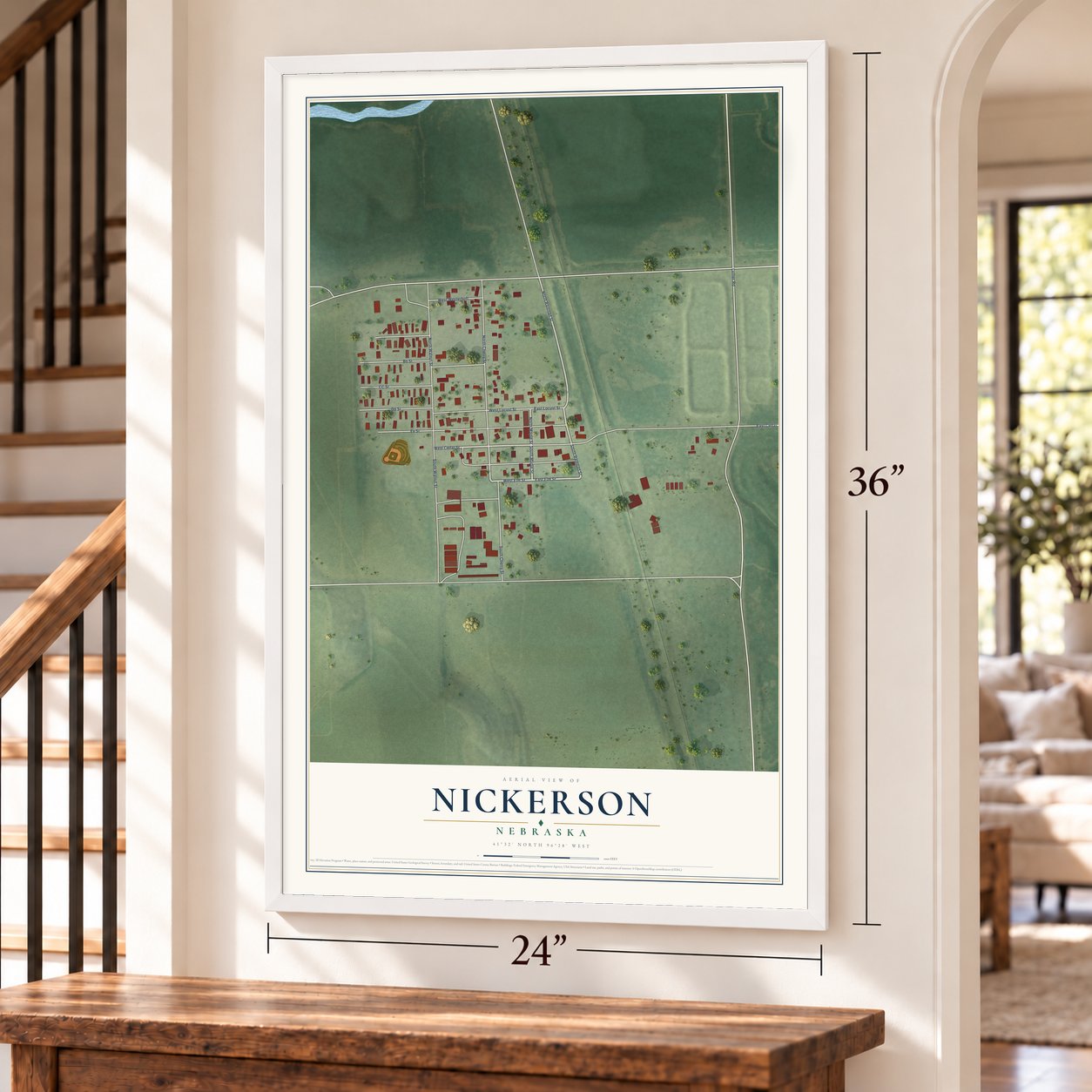 Nickerson, Nebraska map, 24 x 36 inch print in a white frame by a staircase