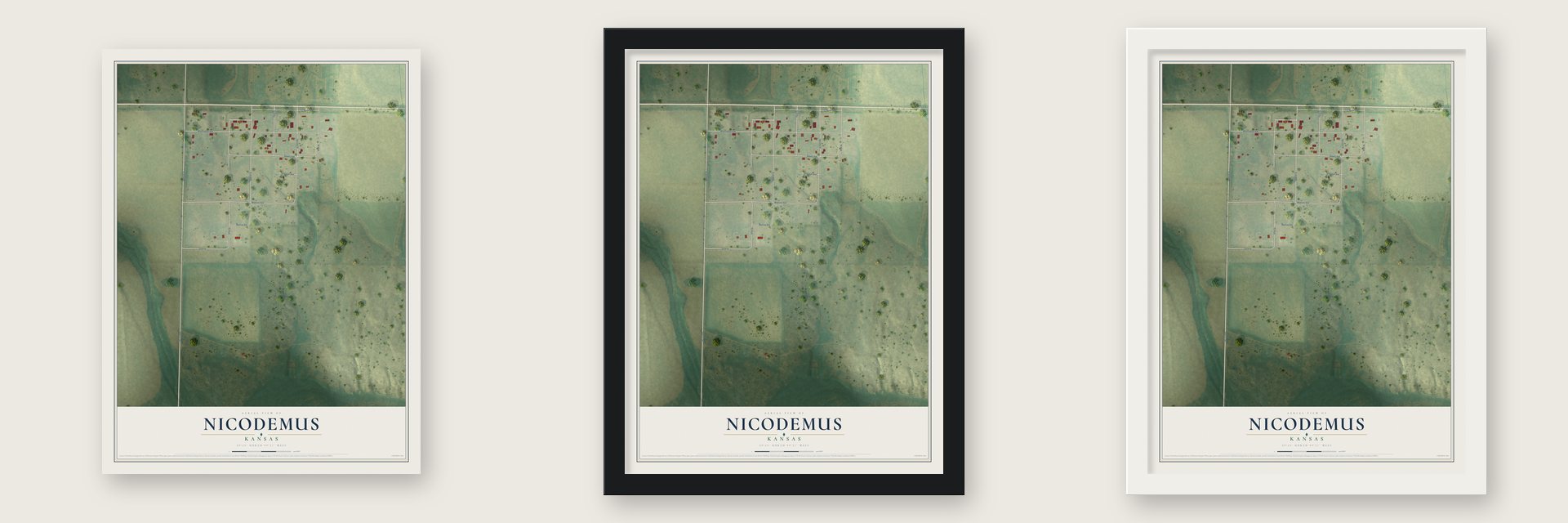 Nicodemus, Kansas map unframed, in a black wood frame and in a white wood frame