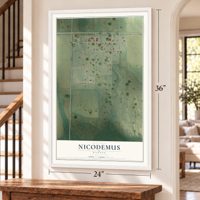 Nicodemus, Kansas map, 24 x 36 inch print in a white frame by a staircase