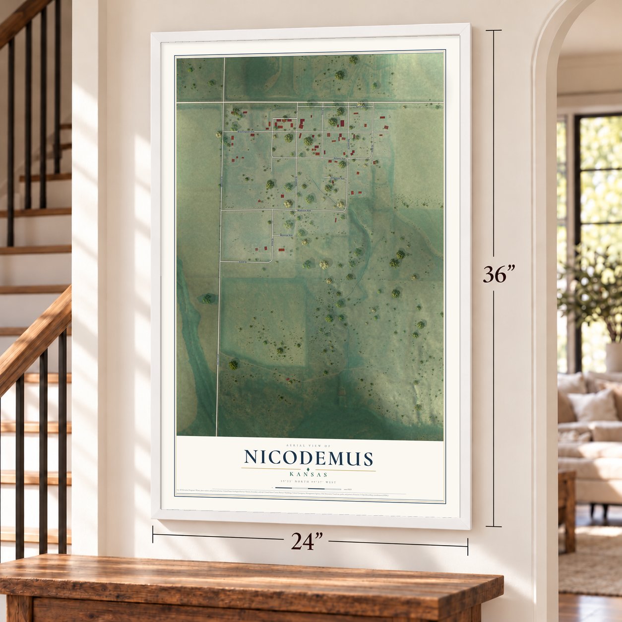 Nicodemus, Kansas map, 24 x 36 inch print in a white frame by a staircase