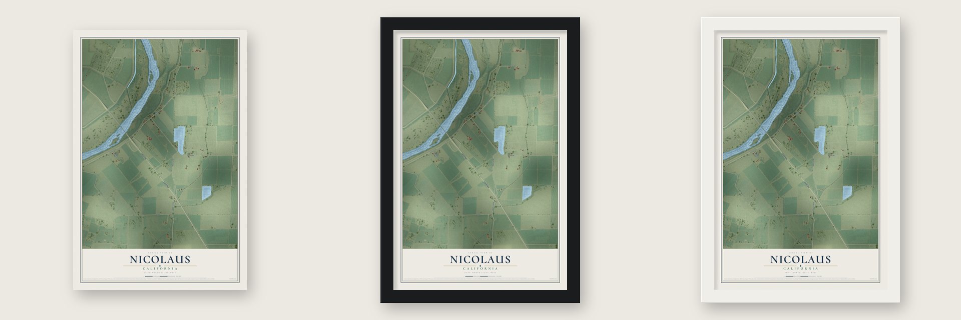 Nicolaus, California map unframed, in a black wood frame and in a white wood frame