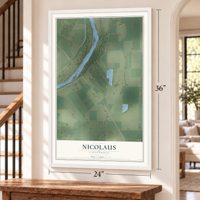 Nicolaus, California map, 24 x 36 inch print in a white frame by a staircase