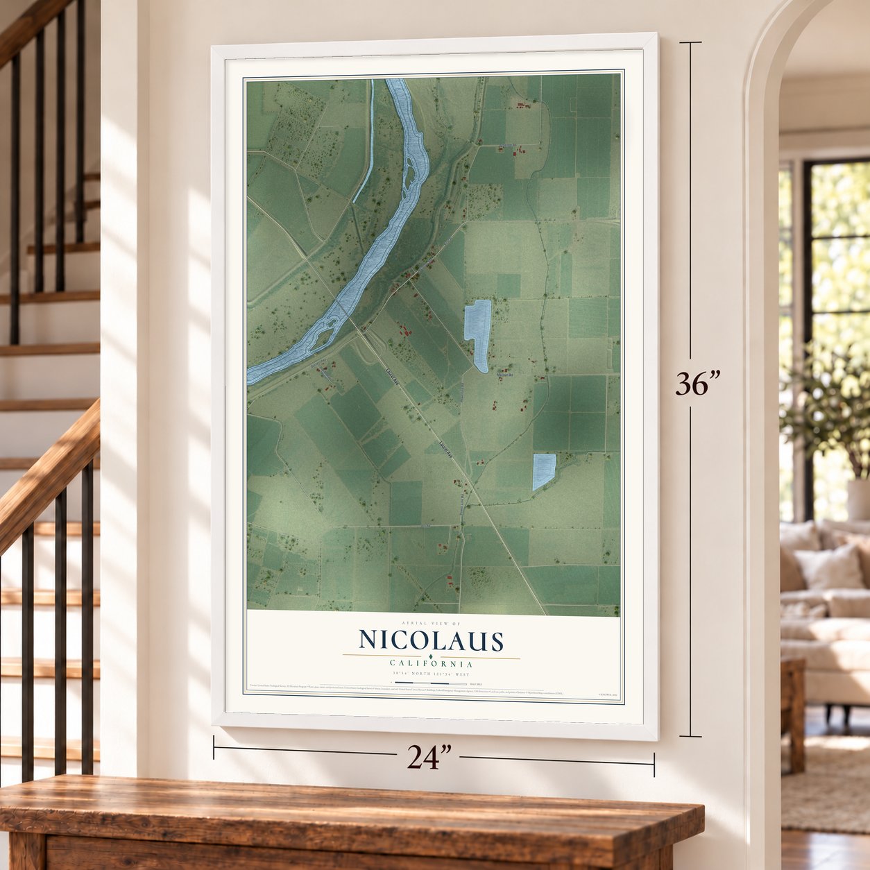 Nicolaus, California map, 24 x 36 inch print in a white frame by a staircase