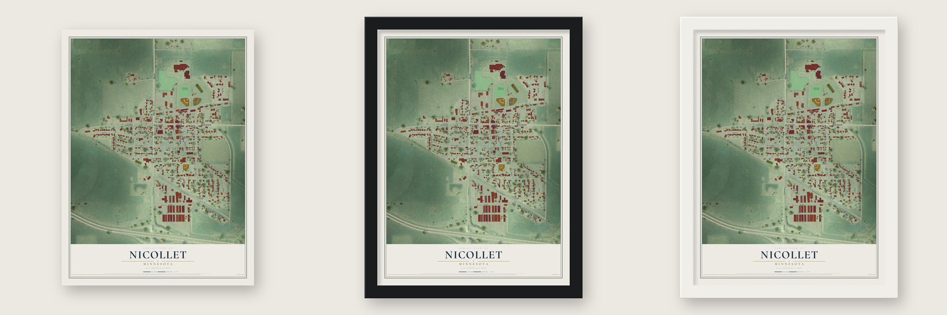 Nicollet, Minnesota map unframed, in a black wood frame and in a white wood frame