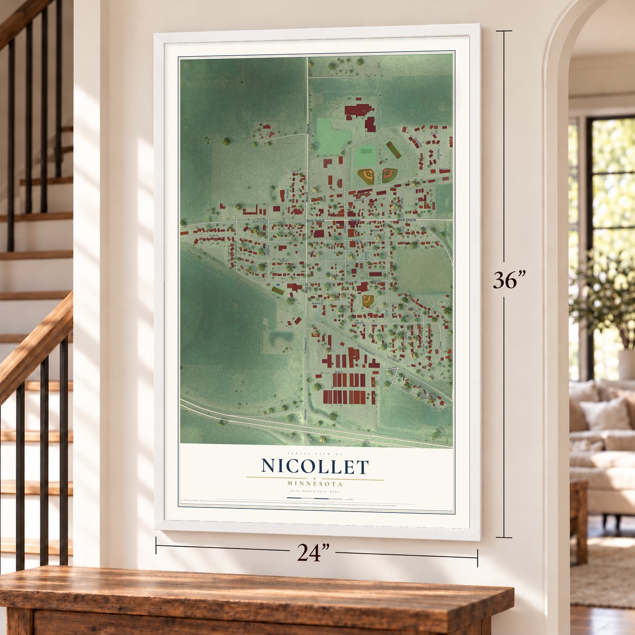 Nicollet, Minnesota map, 24 x 36 inch print in a white frame by a staircase