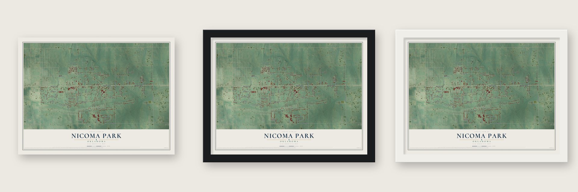 Nicoma Park, Oklahoma map unframed, in a black wood frame and in a white wood frame