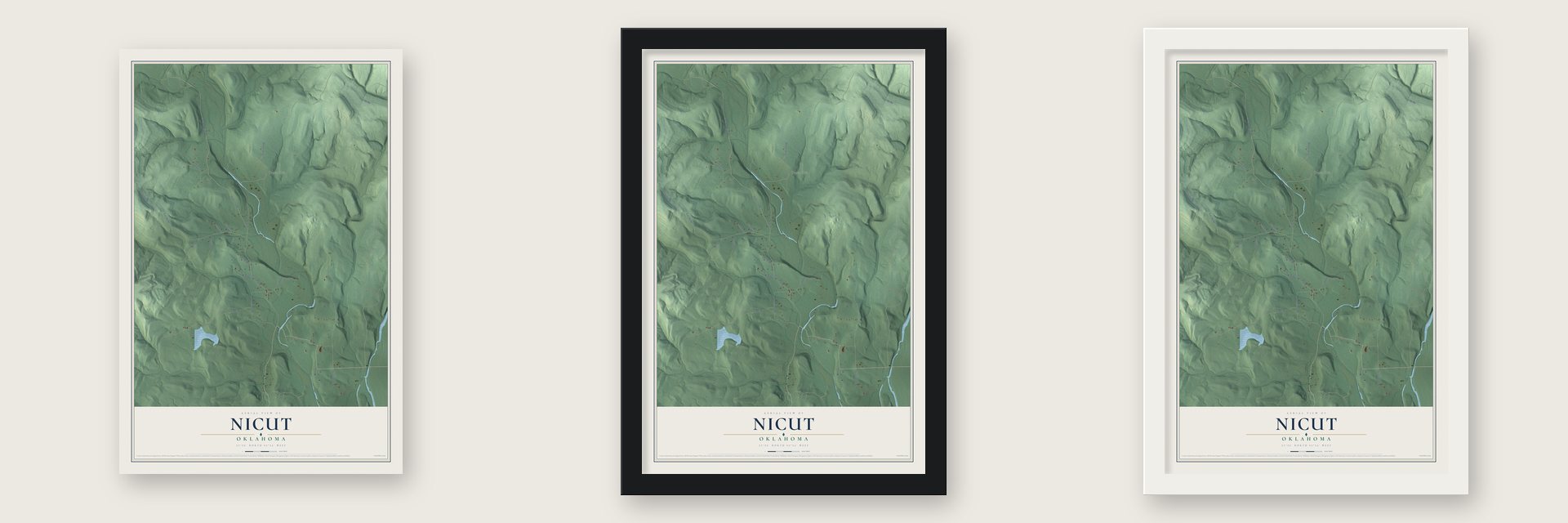 Nicut, Oklahoma map unframed, in a black wood frame and in a white wood frame