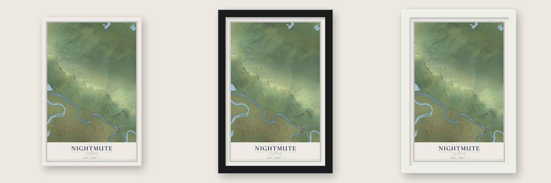 Nightmute, Alaska map unframed, in a black wood frame and in a white wood frame