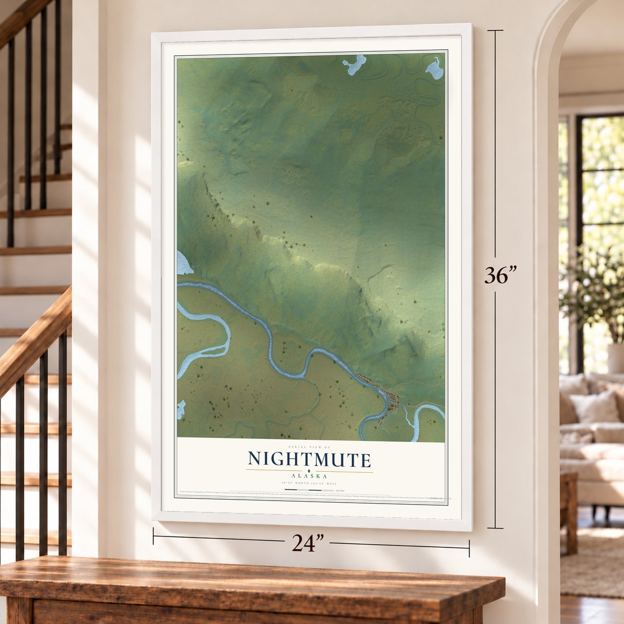 Nightmute, Alaska map, 24 x 36 inch print in a white frame by a staircase