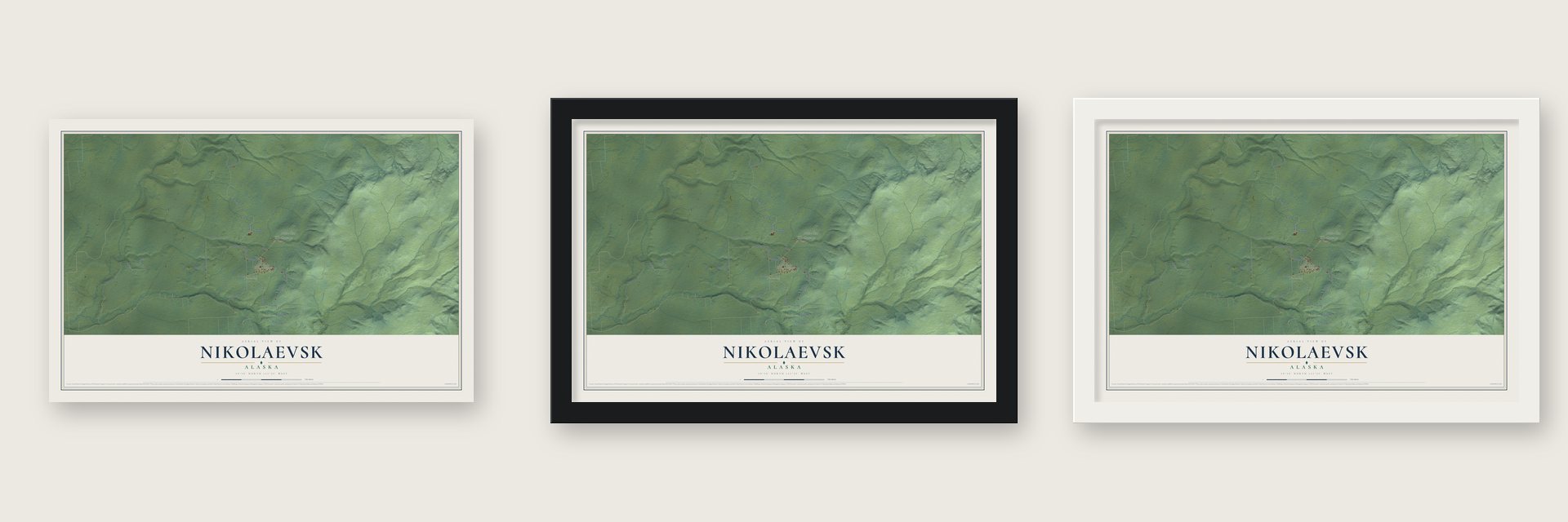 Nikolaevsk, Alaska map unframed, in a black wood frame and in a white wood frame