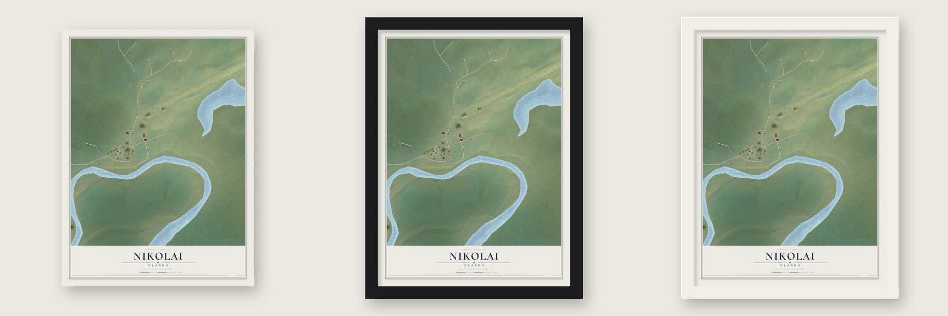 Nikolai, Alaska map unframed, in a black wood frame and in a white wood frame