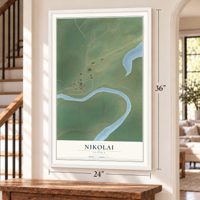 Nikolai, Alaska map, 24 x 36 inch print in a white frame by a staircase