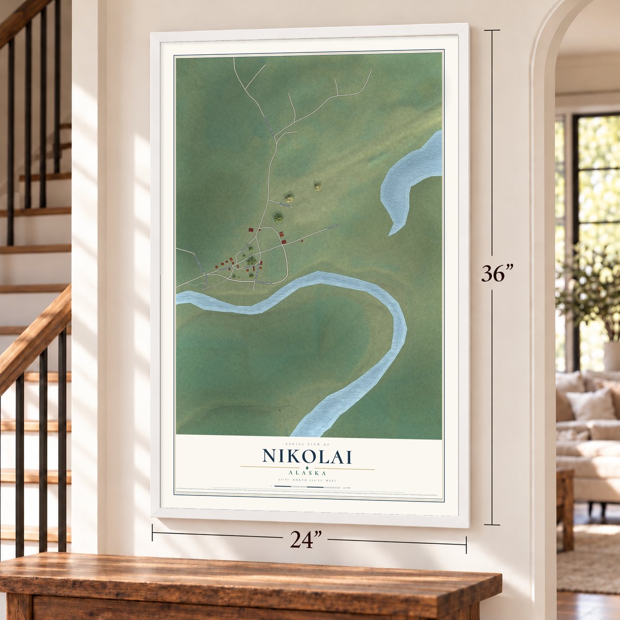 Nikolai, Alaska map, 24 x 36 inch print in a white frame by a staircase