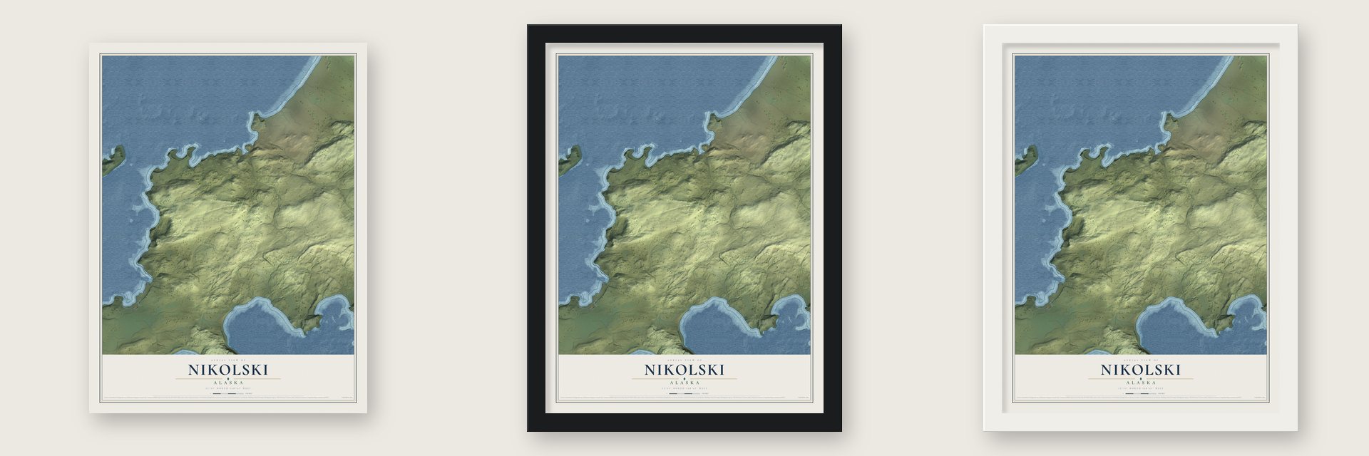 Nikolski, Alaska map unframed, in a black wood frame and in a white wood frame