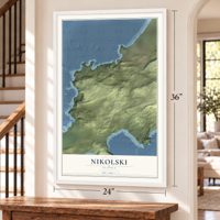 Nikolski, Alaska map, 24 x 36 inch print in a white frame by a staircase