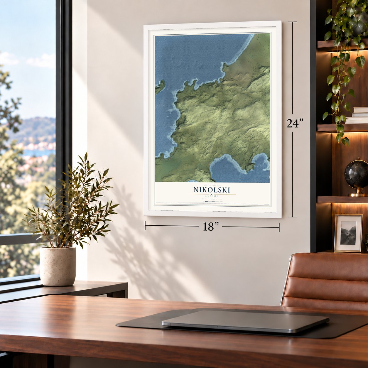 Nikolski, Alaska map, 18 x 24 inch print in a white frame in a home office