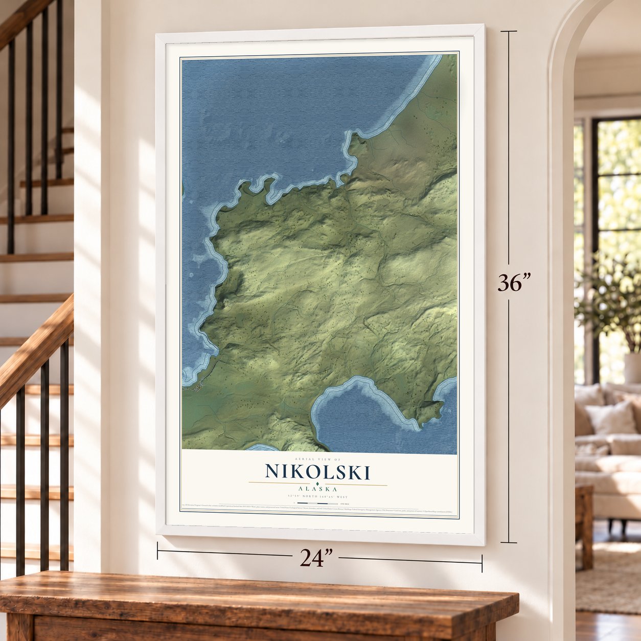 Nikolski, Alaska map, 24 x 36 inch print in a white frame by a staircase
