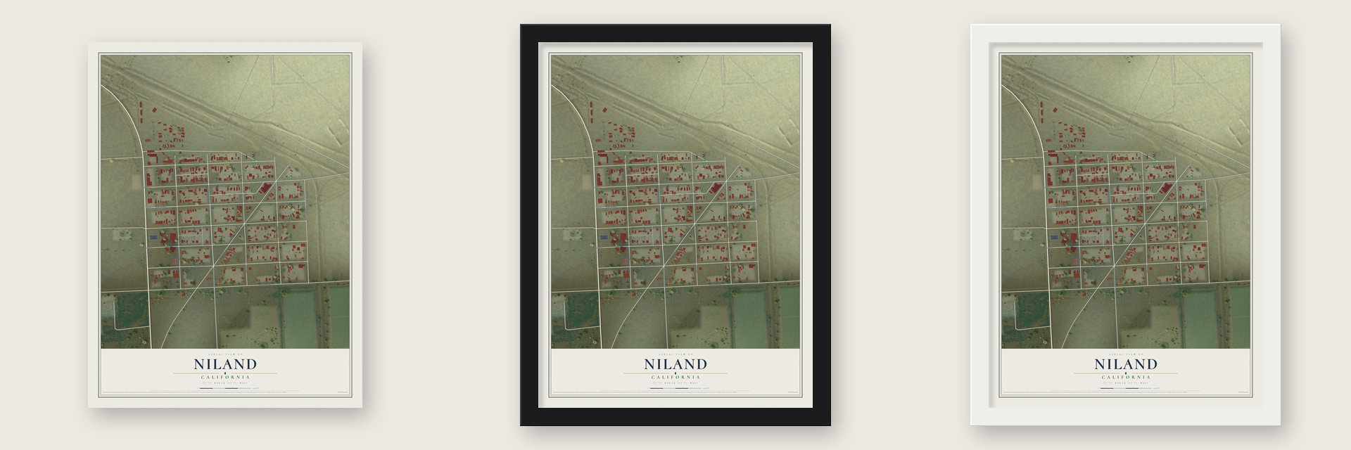 Niland, California map unframed, in a black wood frame and in a white wood frame