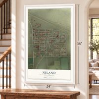 Niland, California map, 24 x 36 inch print in a white frame by a staircase