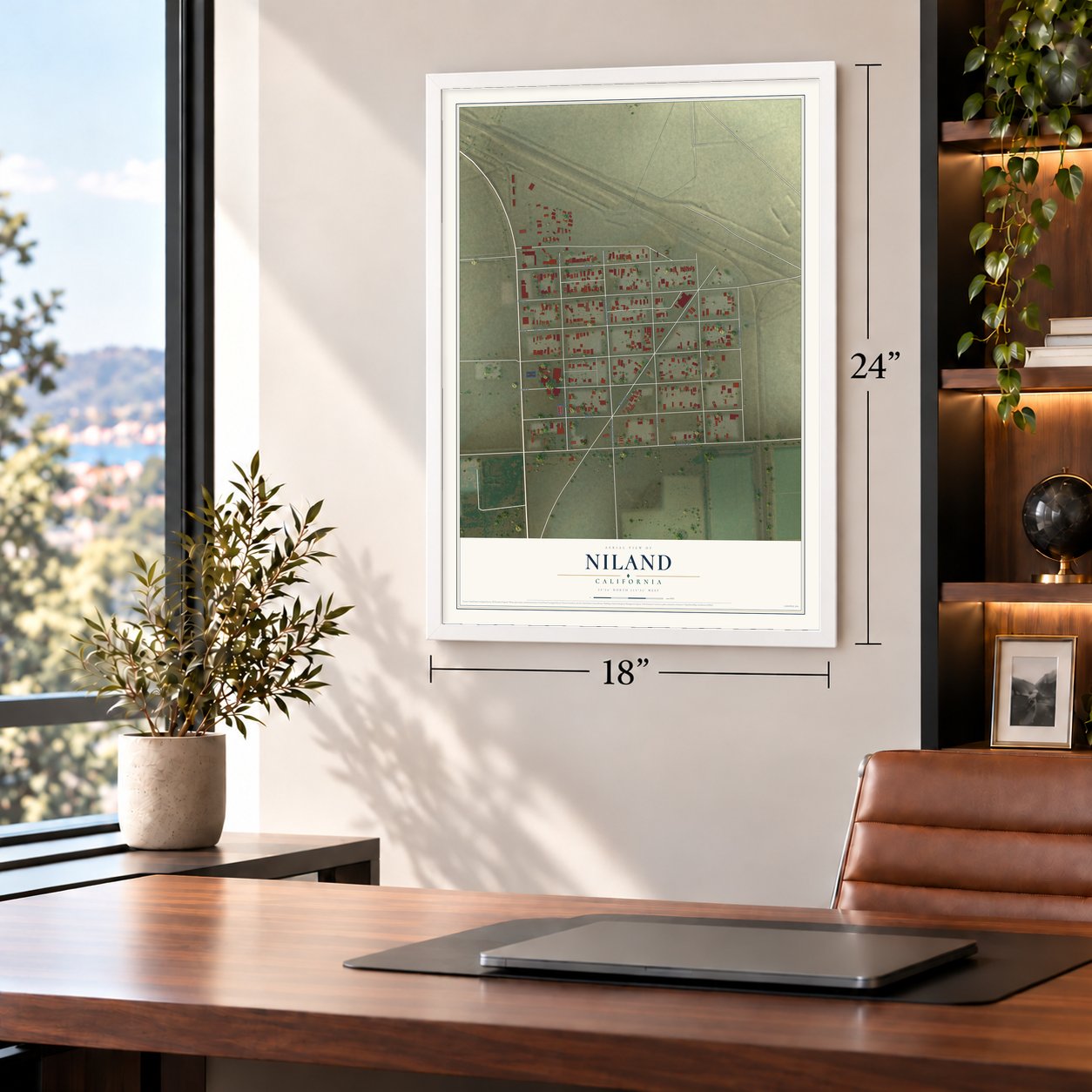 Niland, California map, 18 x 24 inch print in a white frame in a home office