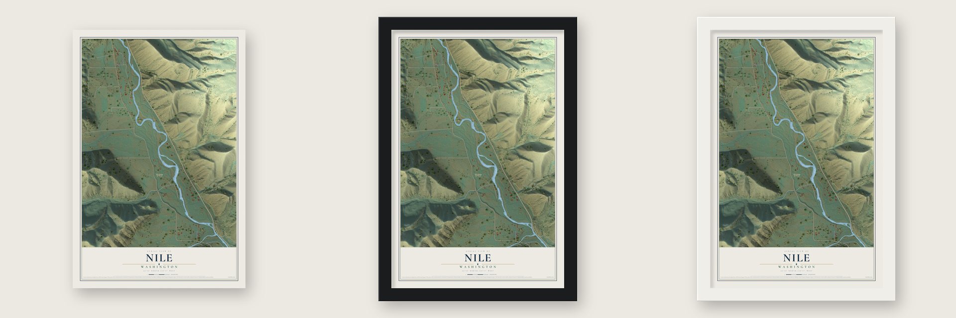 Nile, Washington map unframed, in a black wood frame and in a white wood frame