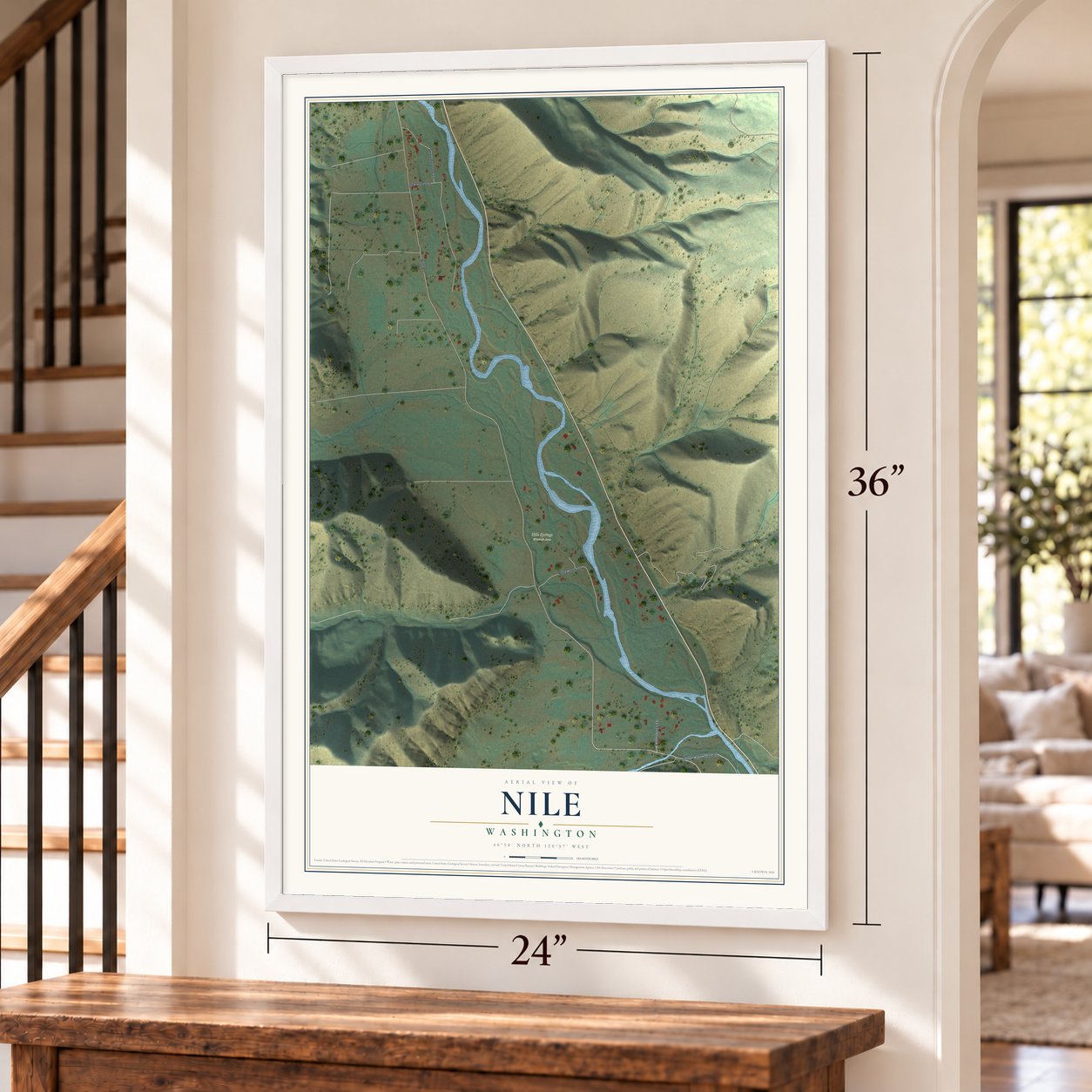Nile, Washington map, 24 x 36 inch print in a white frame by a staircase