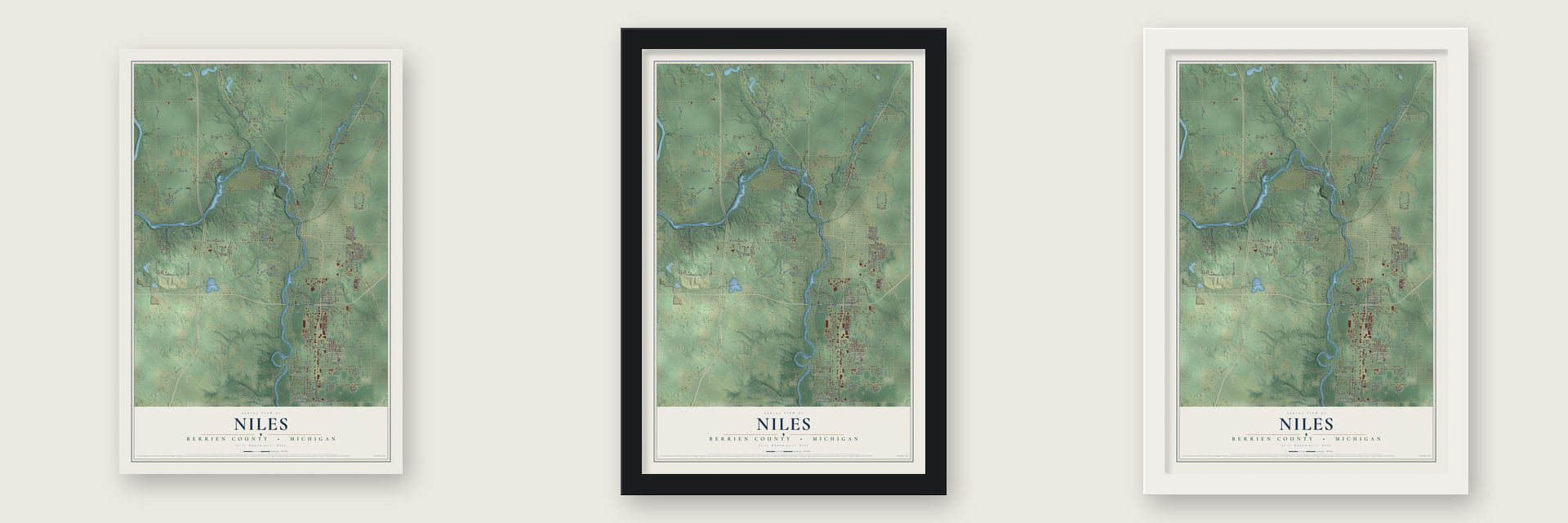 Niles, Berrien County, Michigan map unframed, in a black wood frame and in a white wood frame