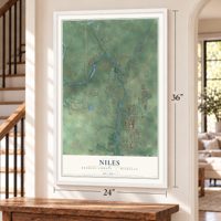 Niles, Berrien County, Michigan map, 24 x 36 inch print in a white frame by a staircase