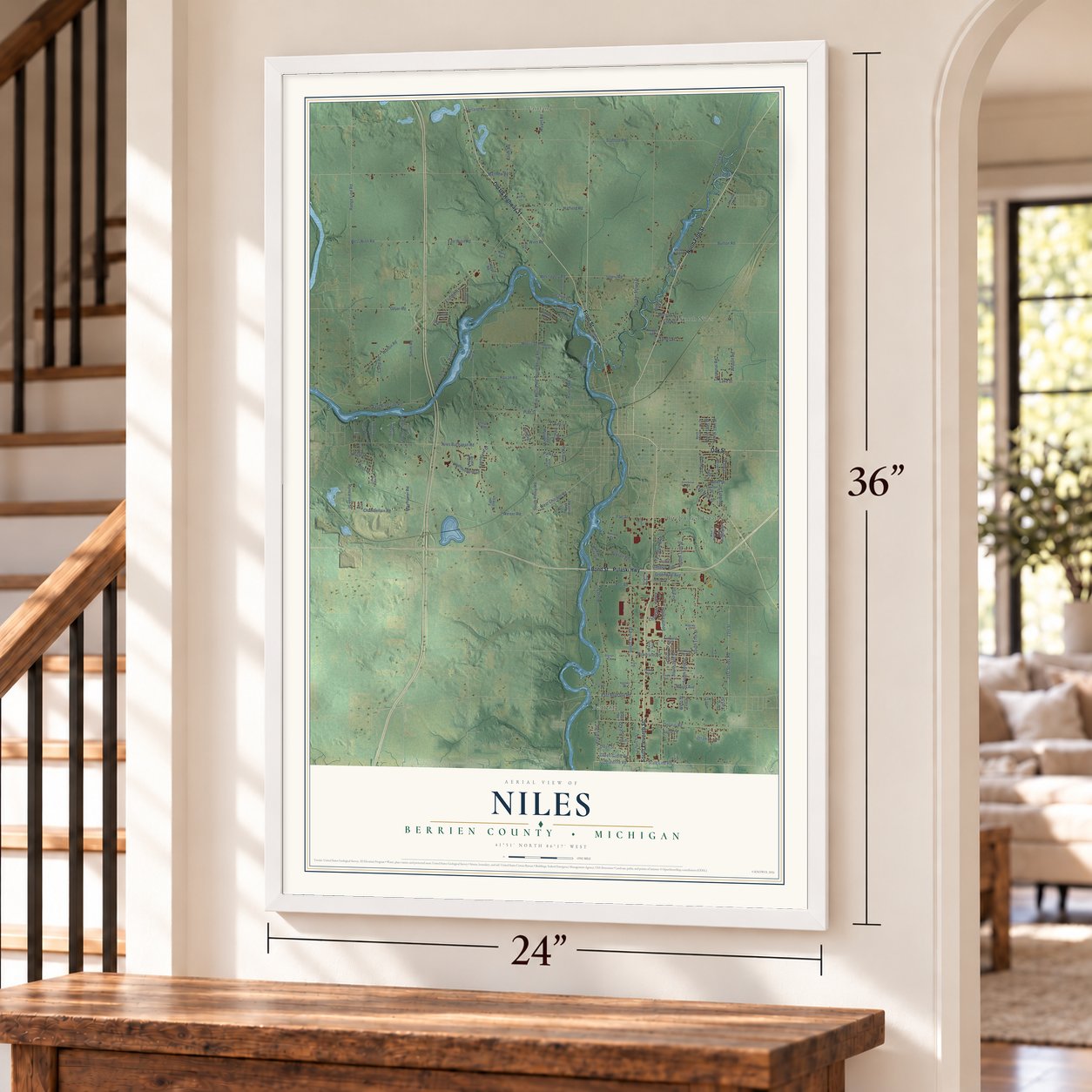Niles, Berrien County, Michigan map, 24 x 36 inch print in a white frame by a staircase