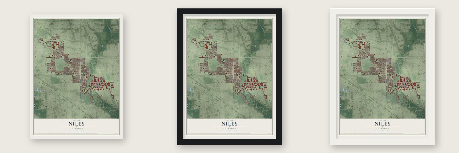 Niles, Illinois map unframed, in a black wood frame and in a white wood frame