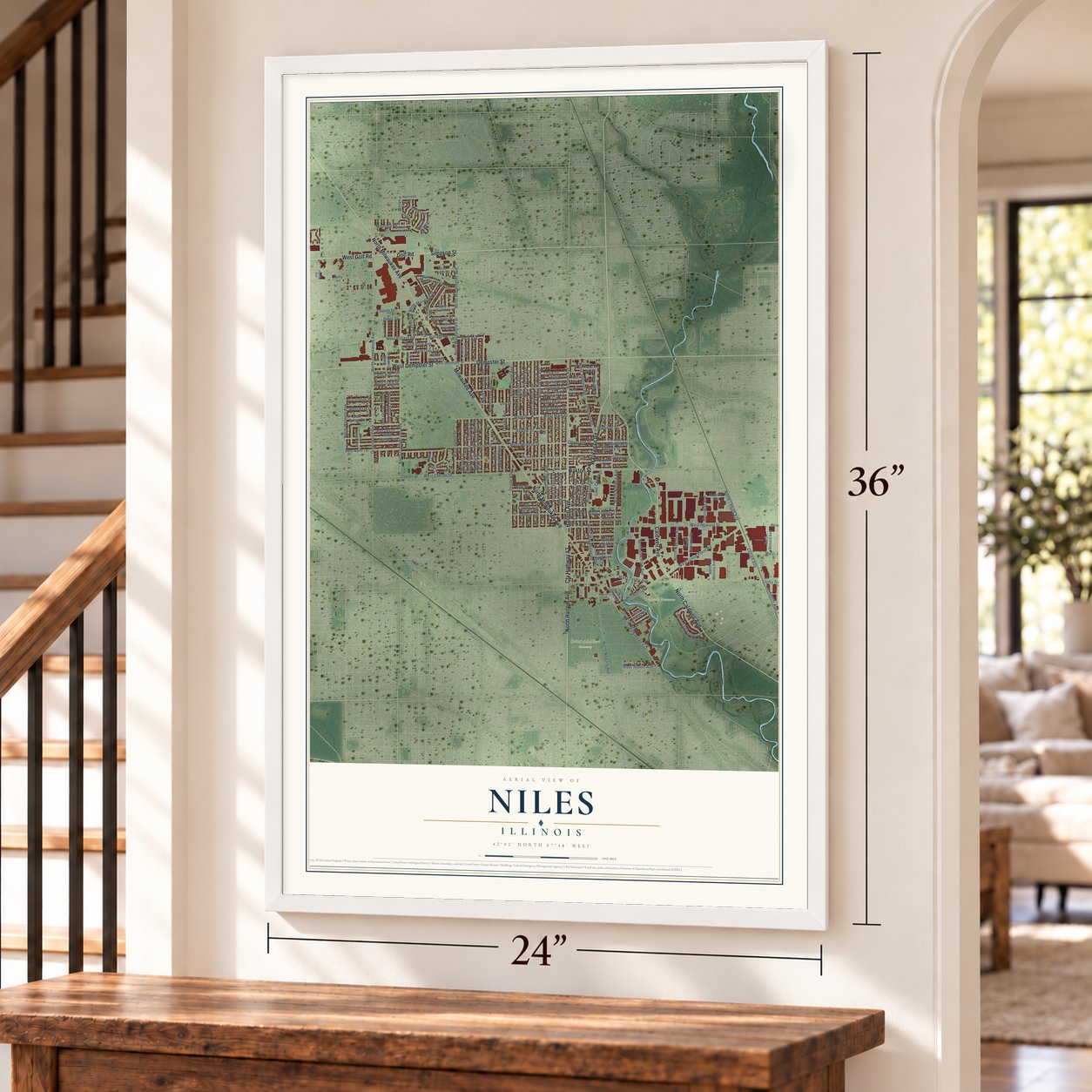 Niles, Illinois map, 24 x 36 inch print in a white frame by a staircase