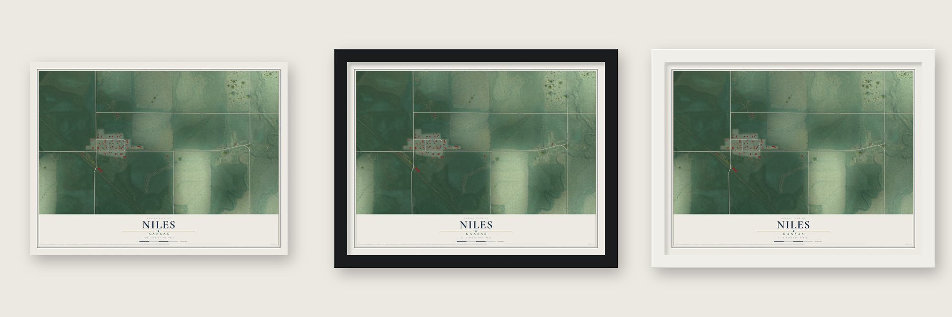 Niles, Kansas map unframed, in a black wood frame and in a white wood frame