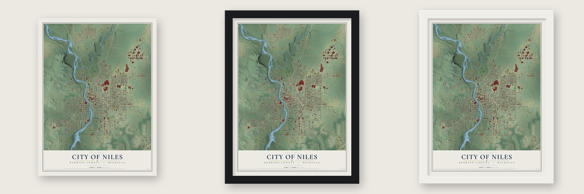 Niles, Michigan map unframed, in a black wood frame and in a white wood frame