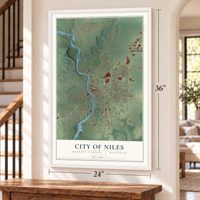 Niles, Michigan map, 24 x 36 inch print in a white frame by a staircase