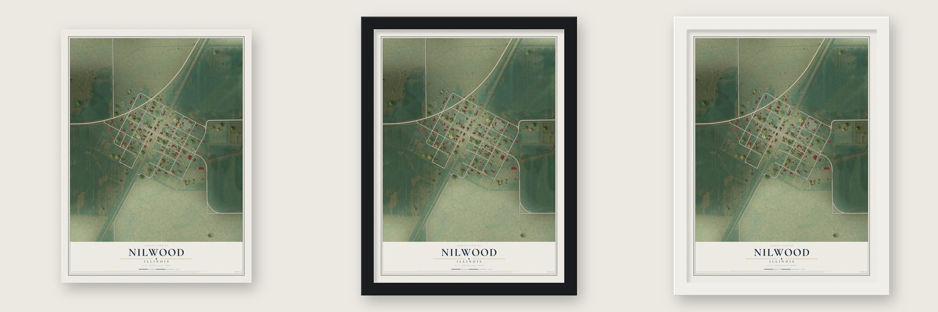 Nilwood, Illinois map unframed, in a black wood frame and in a white wood frame