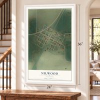 Nilwood, Illinois map, 24 x 36 inch print in a white frame by a staircase