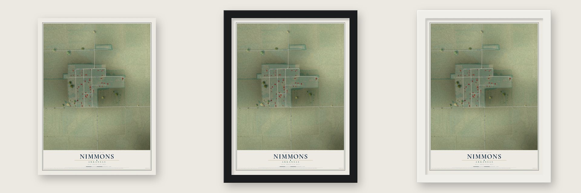 Nimmons, Arkansas map unframed, in a black wood frame and in a white wood frame