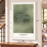Nimmons, Arkansas map, 24 x 36 inch print in a white frame by a staircase