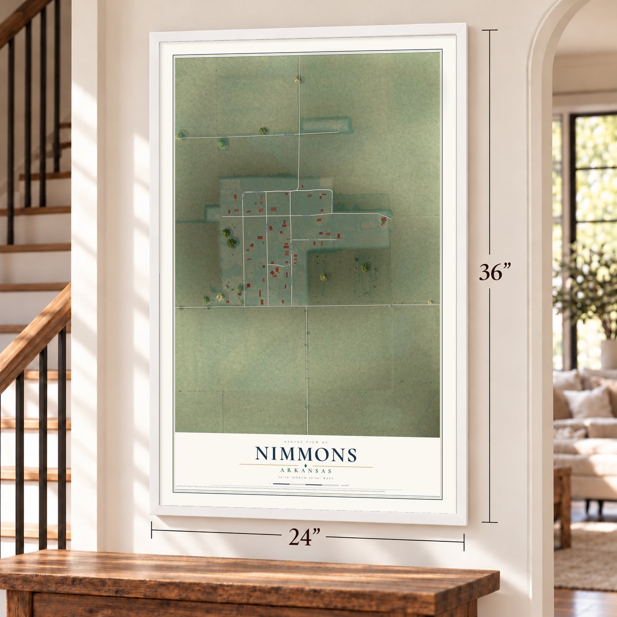 Nimmons, Arkansas map, 24 x 36 inch print in a white frame by a staircase