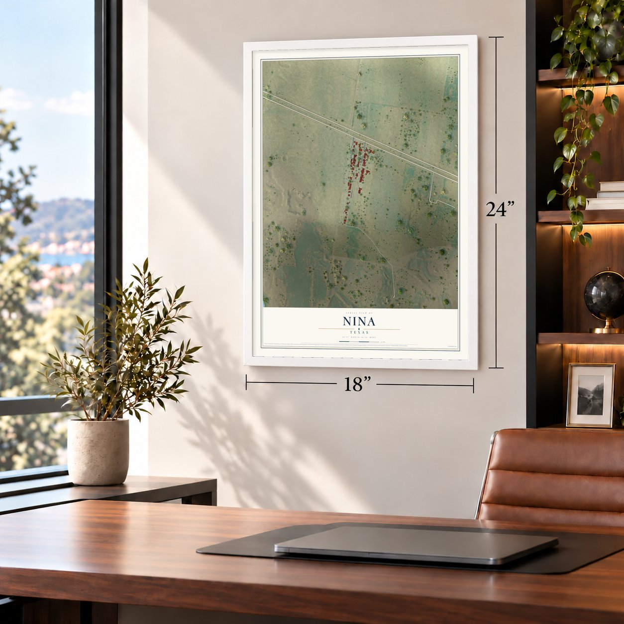 Nina, Texas map, 18 x 24 inch print in a white frame in a home office