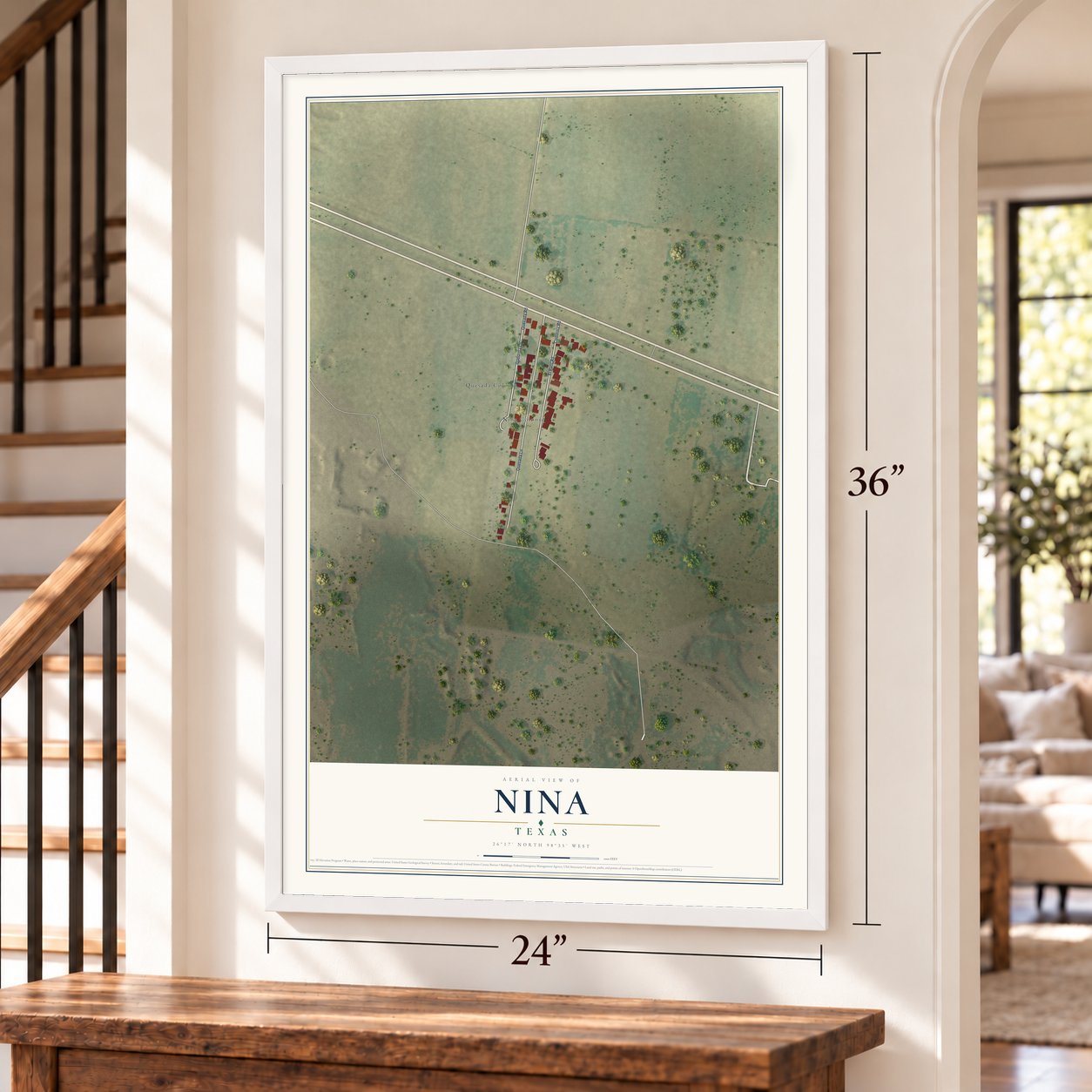 Nina, Texas map, 24 x 36 inch print in a white frame by a staircase
