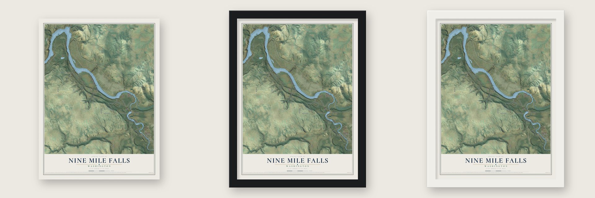 Nine Mile Falls, Washington map unframed, in a black wood frame and in a white wood frame