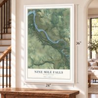 Nine Mile Falls, Washington map, 24 x 36 inch print in a white frame by a staircase