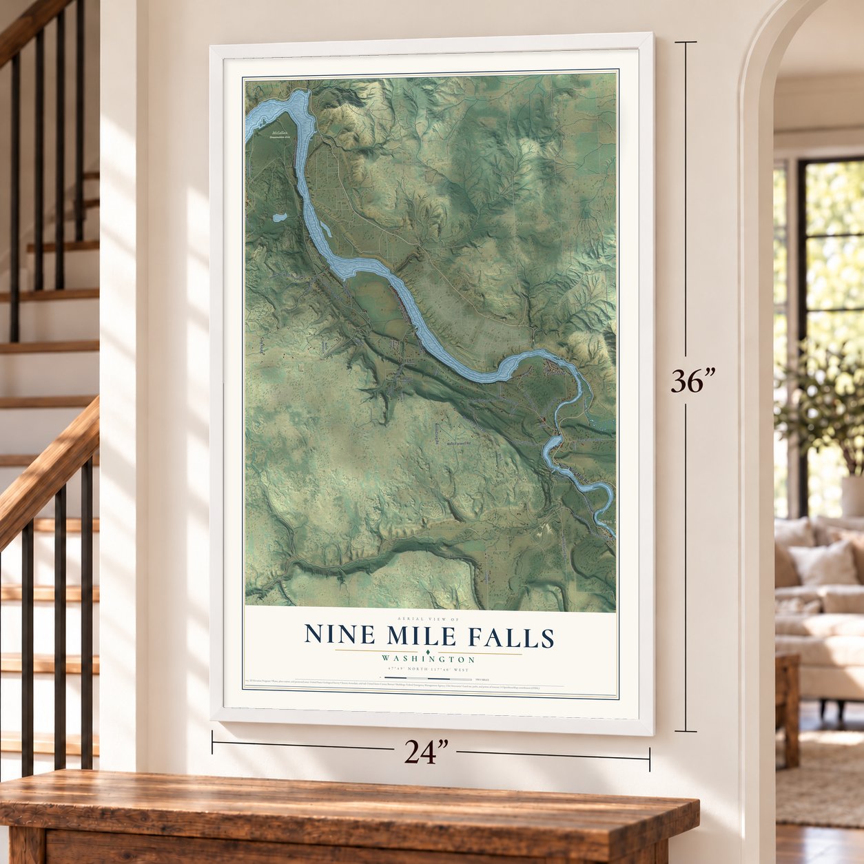 Nine Mile Falls, Washington map, 24 x 36 inch print in a white frame by a staircase