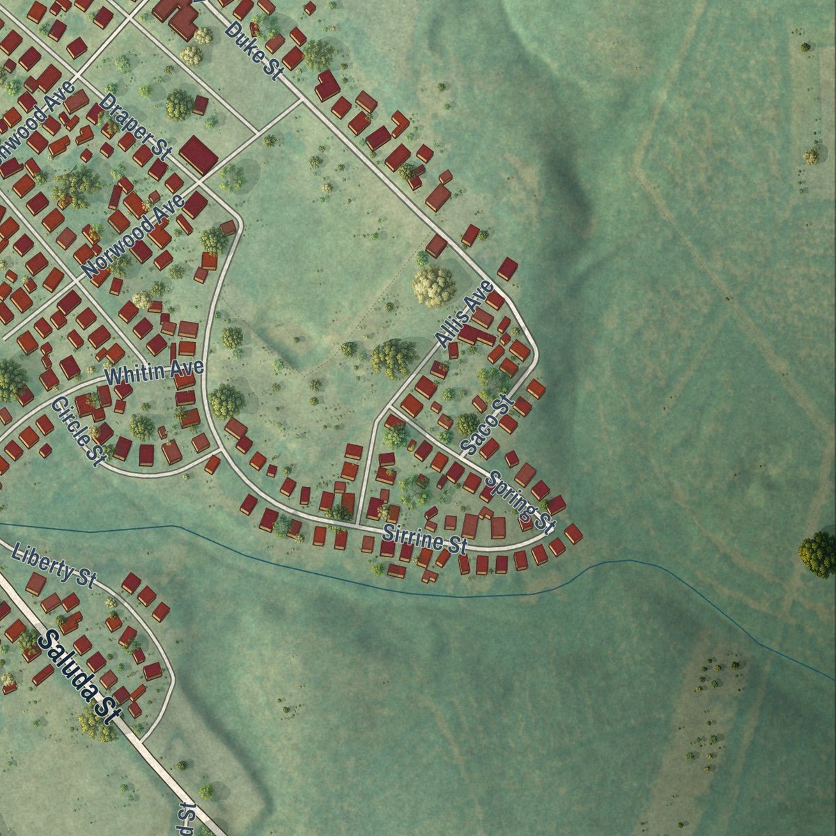 Second close-up of the map of Ninety Six, South Carolina print showing more streets and buildings